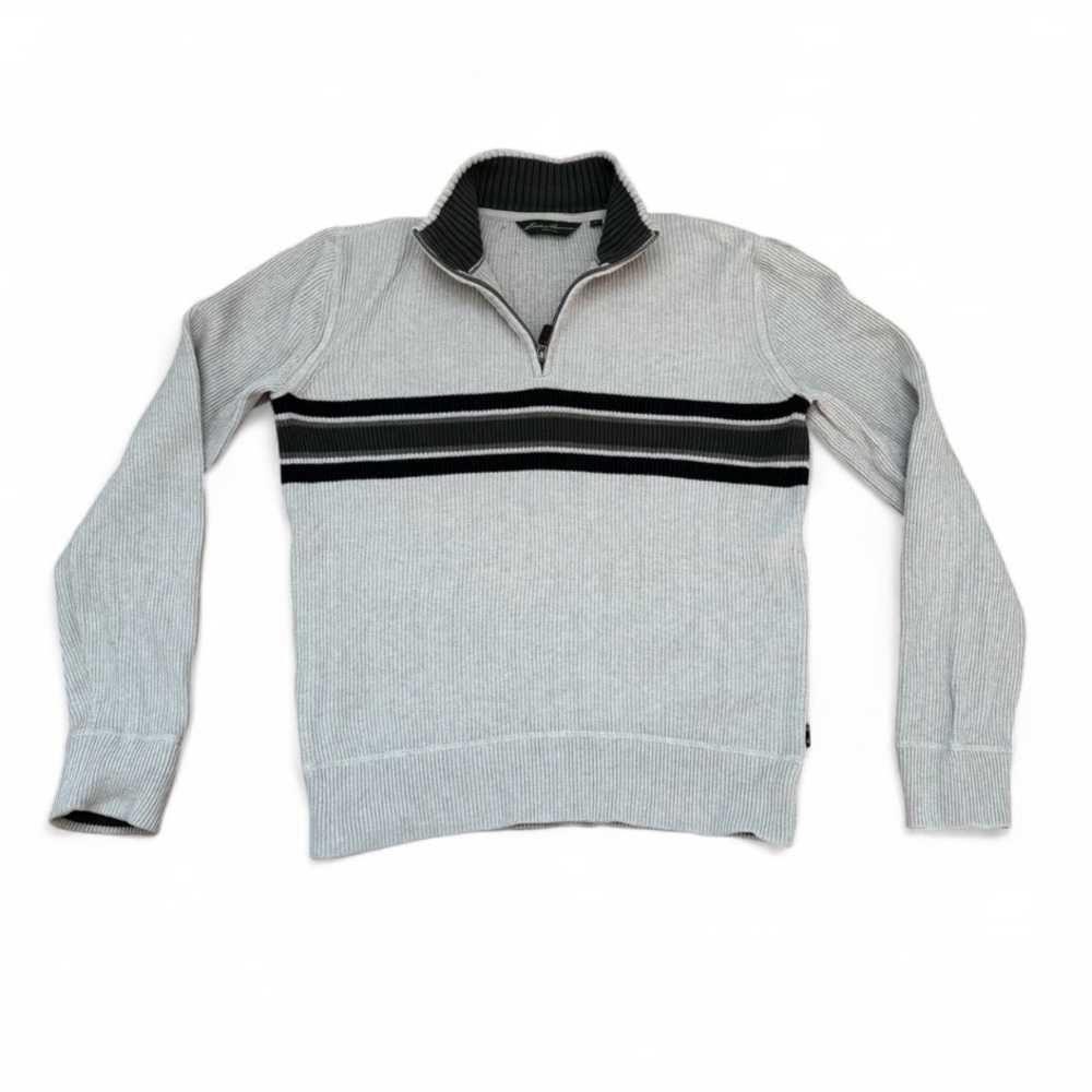 Eddie Bauer Men's Light Gray Zip-Up Sweater with Stripes